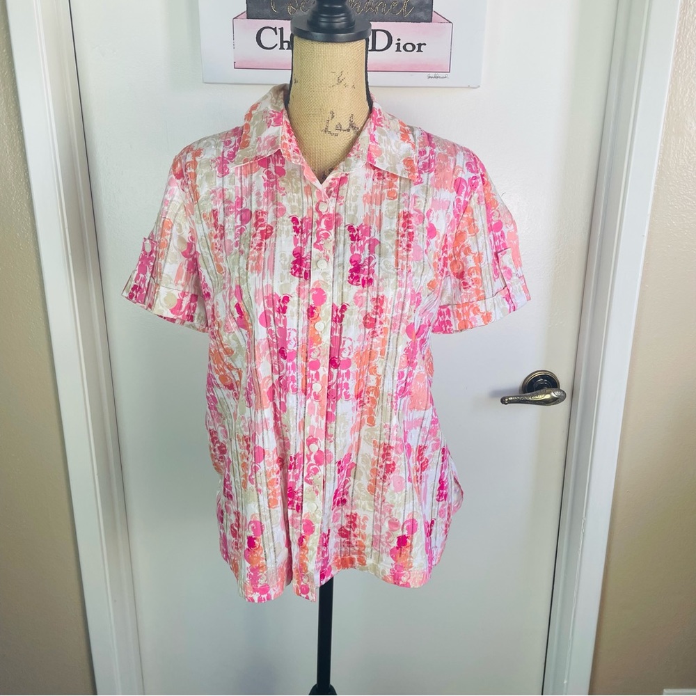 JM Collection Pink Multicolor Blouse Woman Top Shirt Hawaiian Button Up Size 10 - Picture 5 of 9